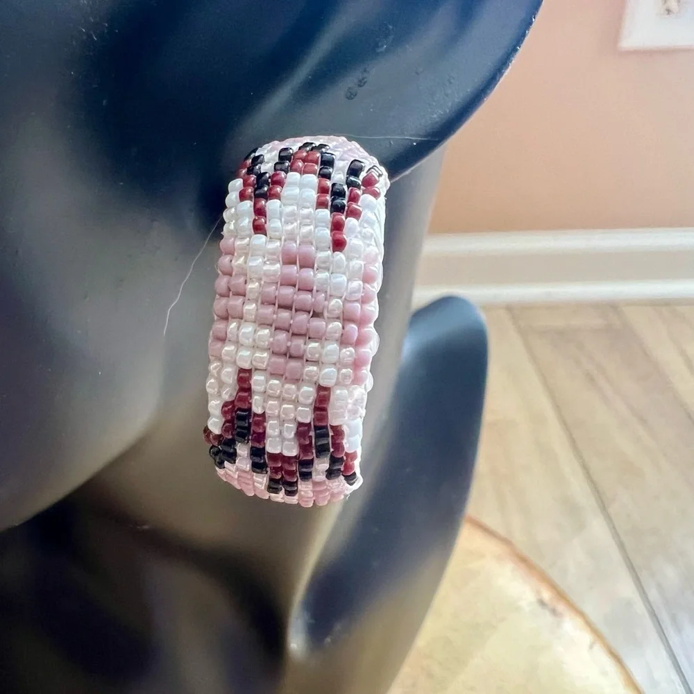 Native American Beaded Wide Hoop Earrings Post Back Purple White Burgundy Black